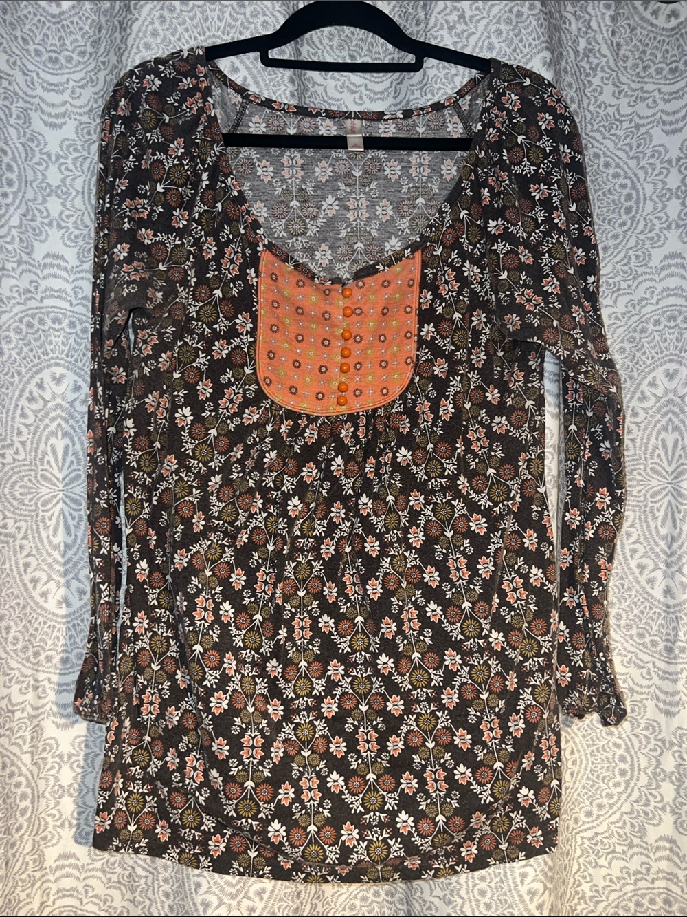Xhilaration Brown Floral Tunic with Orange Embroidered Bib